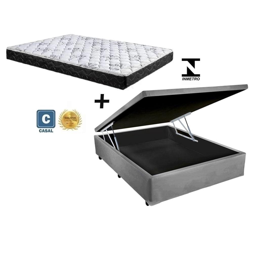 Cama Box Baú Casal Conforto Sintético Cinza + Colchão Casal Conforto Espuma D33 Com EPS 17x138x188