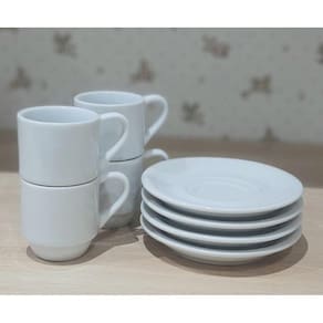 Kit Jogo 4 xícaras café hotel 80ml empilháveis com pires - Porcelana branca