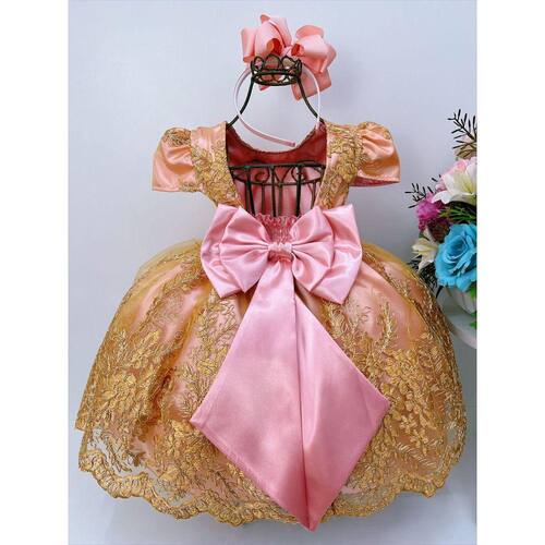 Vestido Infantil Rosa Dourado Realeza Princesa