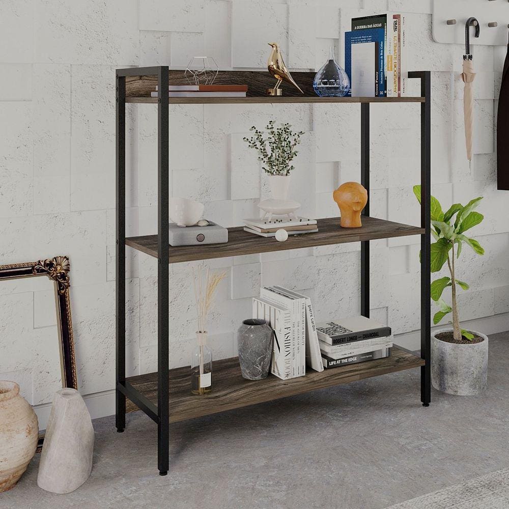 Estante para Livros Industrial Aço Multiuso 3 Prateleiras 104x80cm Active Yescasa Carvalho Dark