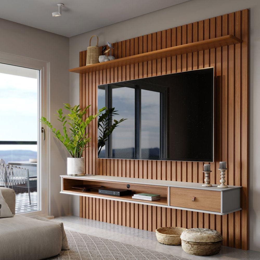 Painel Ripado Home para TV até 75 Polegadas 1 Gaveta 1 Nicho Detroit Tebarrot Marrom/Off White