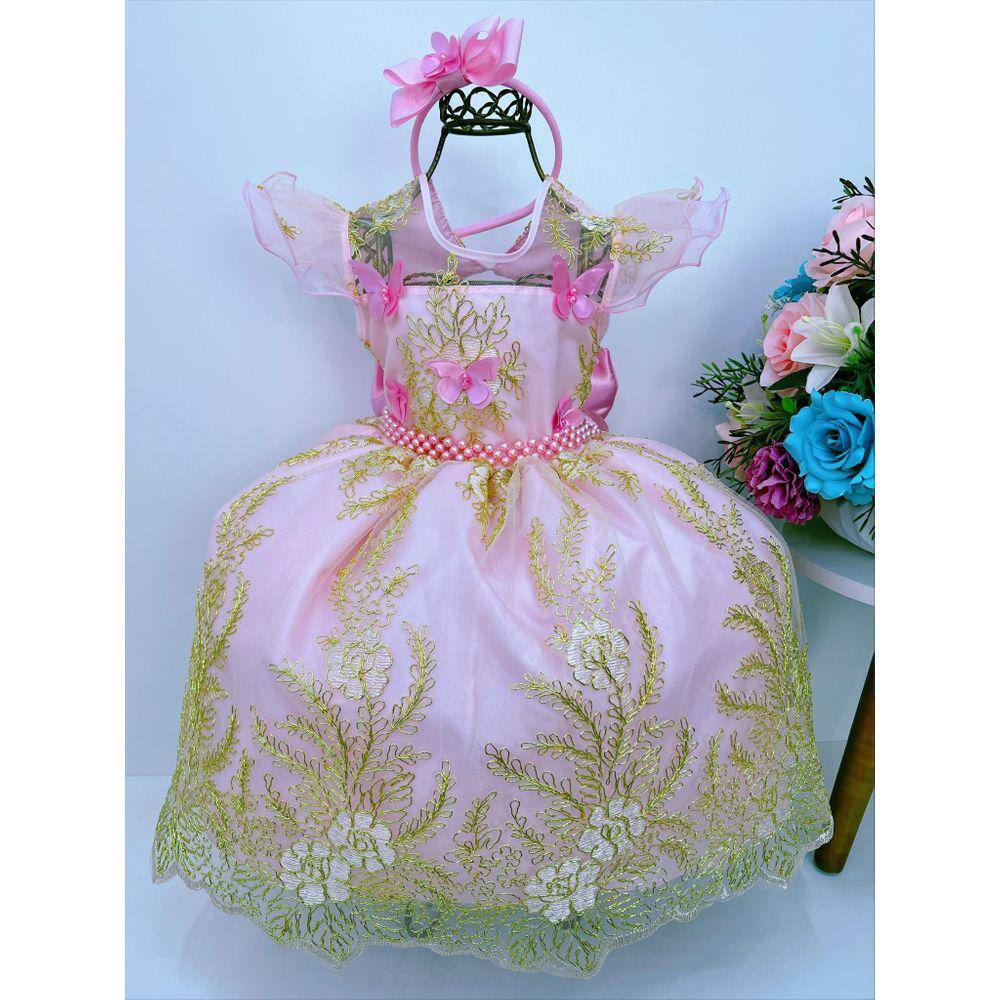 Vestido Infantil Rosa Dourado Realeza Princesa