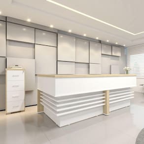 Conjuto 2 Balcões de Atendimento em L com 1 Gaveteiro Pasta Suspensa Tamburato Artany Carvalho/Branco