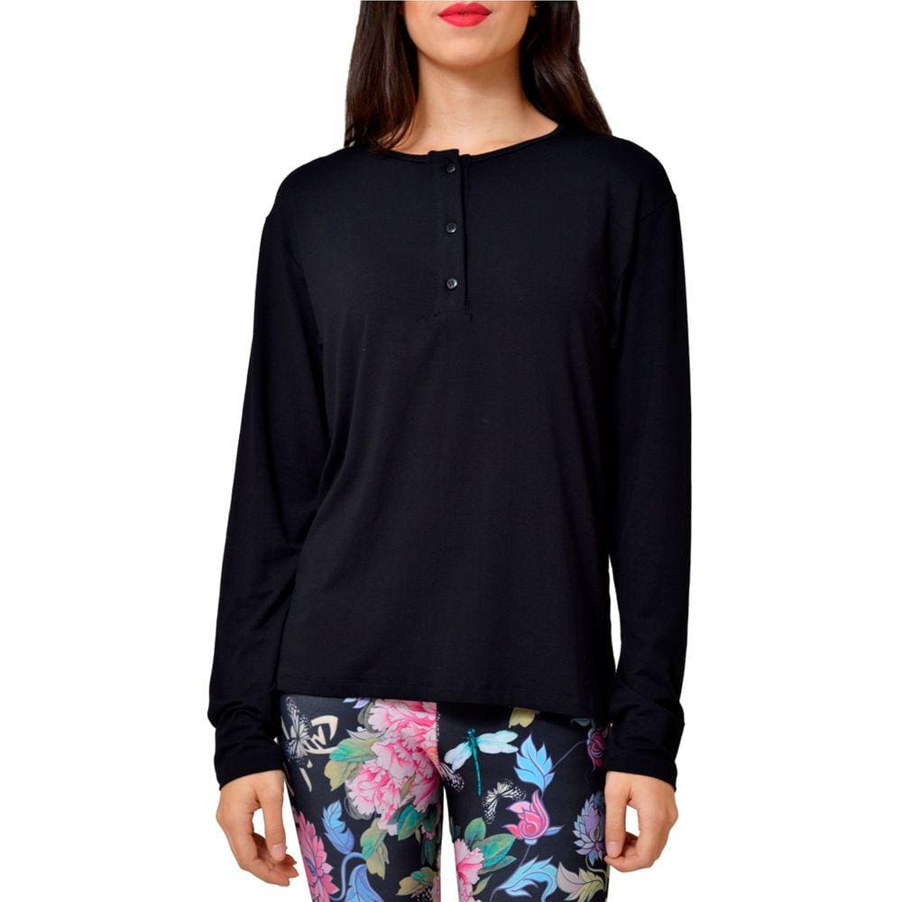Blusa Básica Manga Longa Feminina Preta Detalhe Botão P
