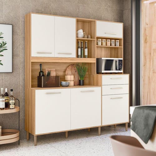 imagem-Cozinha Compacta 6 Portas 2 Gavetas Salsa Cristal Freijó/Off White Cristal - Branco