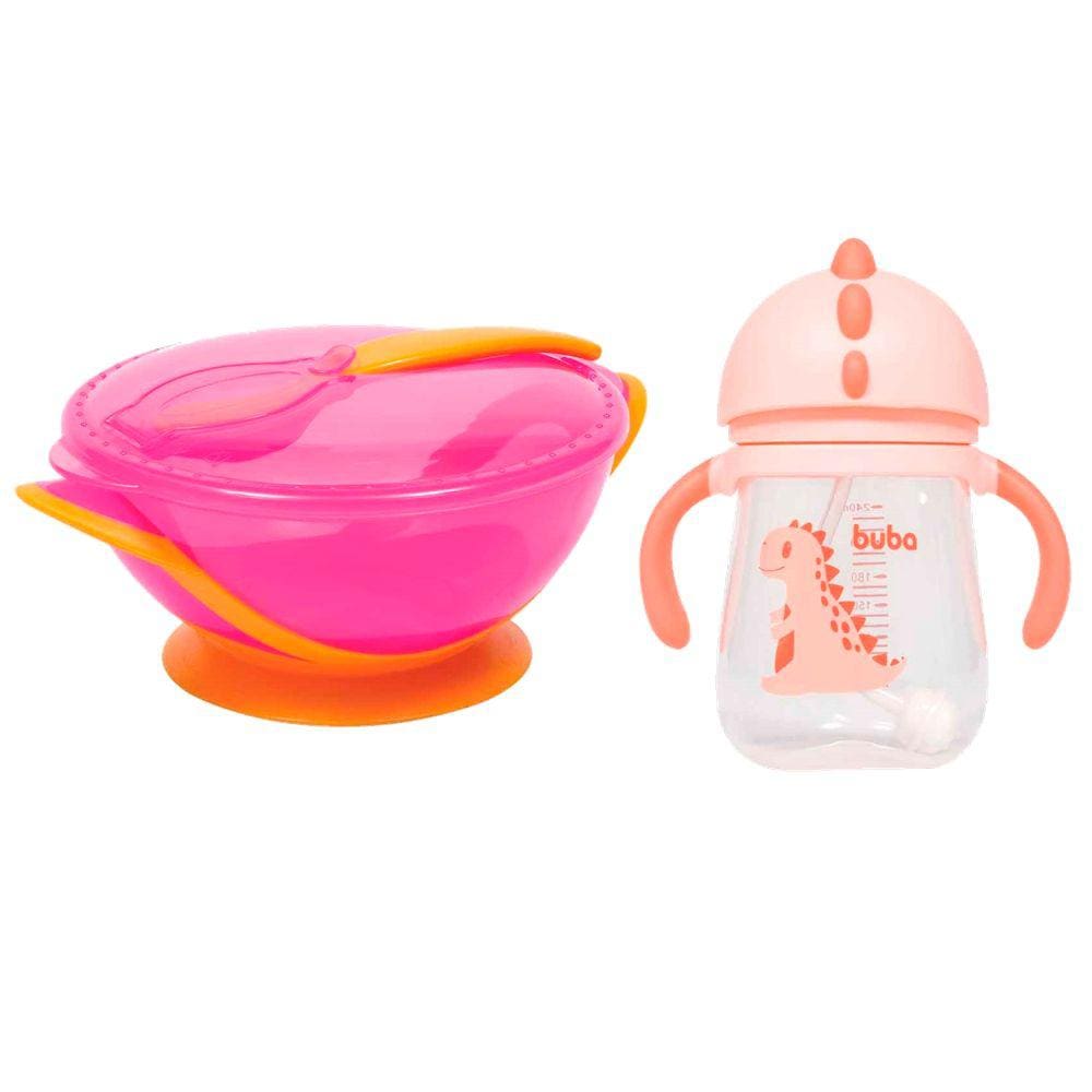 Prato bowl com colher rosa e Copo Dino rosa Buba Baby
