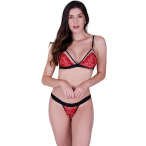 Conjuto fio sexy transparente sem bojo em tule e renda de poliamida vermelha