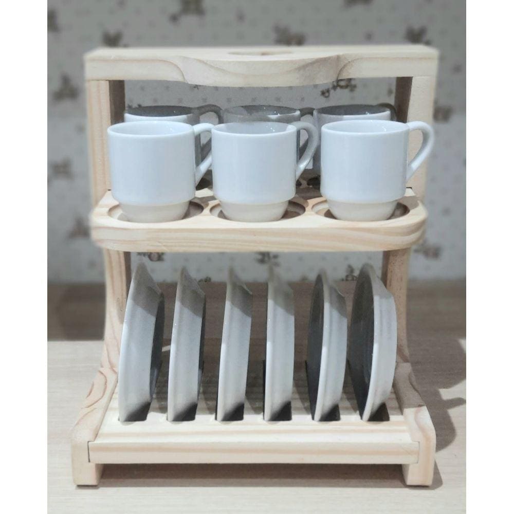 Jogo 6 Xicaras Café hotel 80ml Empilháveis c/ pires e suporte pinus coração - Kit Porcelana Branca