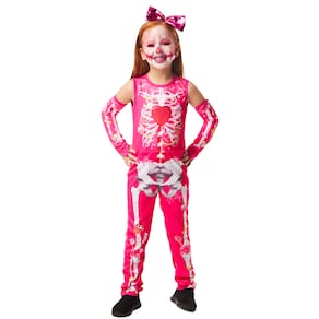 Fantasia Halloween Menina Esqueletinha Rosa Infantil c/ Luva