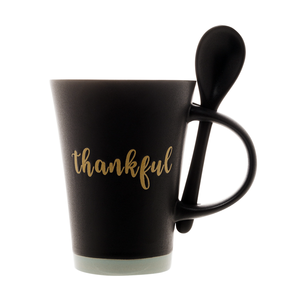 Caneca de Cerâmica Thankful Preta 310ml com Colher