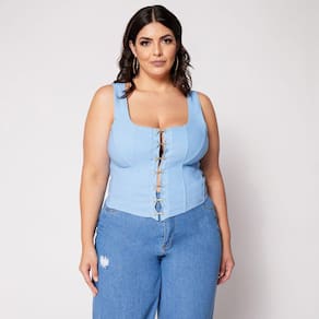 Blusa Cropped Plus Corset com Colchetes e Bojo Azul Claro