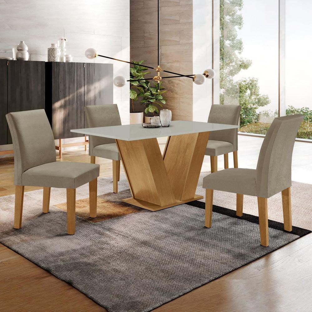 Conjunto Sala de Jantar Mesa 120x80cm Tampo MDF com 4 Cadeiras Espanha Yescasa Ypê/Off White/Suede Marrom Claro