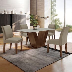 Conjunto Sala de Jantar Mesa 120x80cm Tampo MDF com 4 Cadeiras Espanha Yescasa Chocolate/Off White/Suede Marrom Claro