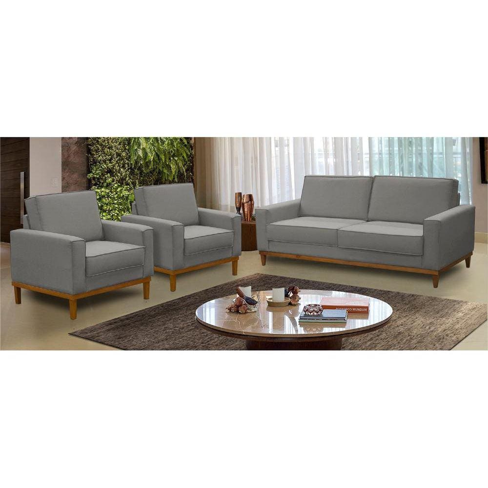 Kit Sofá 2 Lugares 1,80m e 2 Poltronas Living Lavinia Linho Cinza Adonai Estofados
