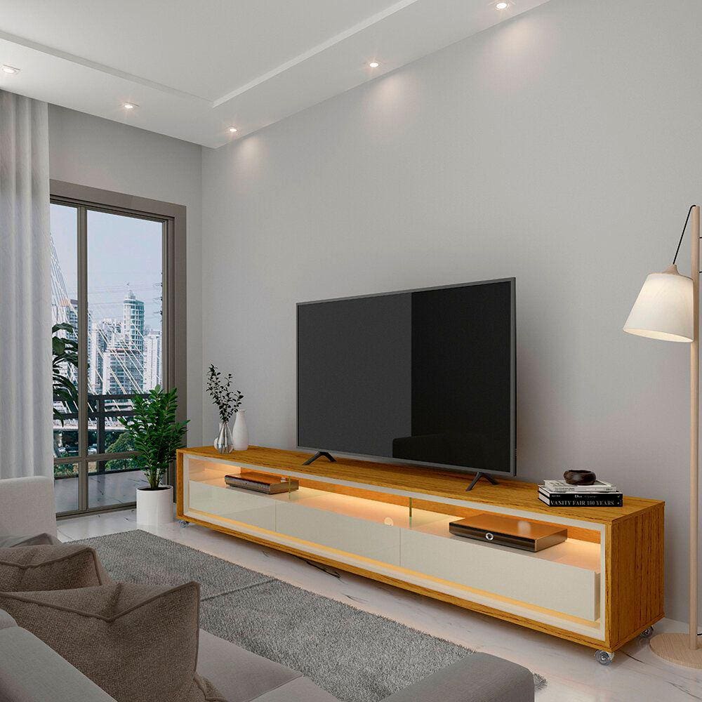 Rack para TV Requinte 212 com LED Rodízios Naturale Off White - Gelius