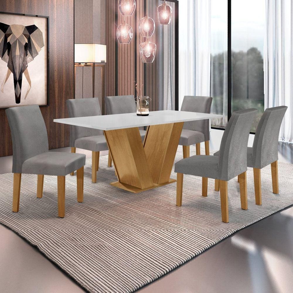Conjunto Sala de Jantar Mesa 160x80cm Tampo MDF com 6 Cadeiras Espanha Yescasa Ypê/Grafite/Suede Cinza