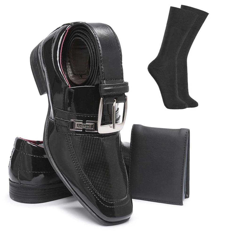 Kit Sapato Social Masculino Loafer Em Verniz Com Fivela Fixa + Cinto Meia E Carteira