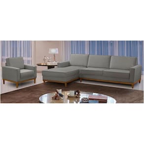 Kit Sofá 3 Lugares 2,10m com Chaise Esquerdo e Poltrona Living Lavinia Linho Cinza Adonai Estofados