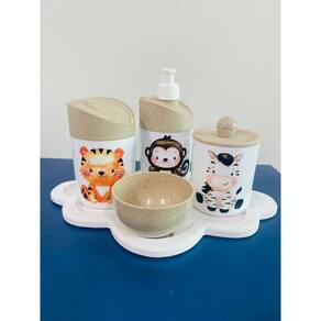 Kit Higiene Safari c/BANDEJA COLOR NUVEM (Macaco, Zebra, Tigre)
