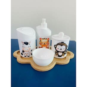 Kit Higiene Safari c/bandeja Nuvem Crua (Macaco, Zebra, Tigre)