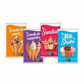 Kit 4 Banners Sorvete Casquinha Sundae Milk Shake Grande