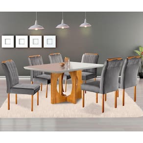 Conjunto Sala de Jantar 6 Lugares Mesa Barcelona e Cadeiras em Veludo Móveis Mix