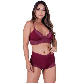 Conjunto conforto sem bojo e sem arco com caleçon em renda de poliamida e tecido vinho rubro