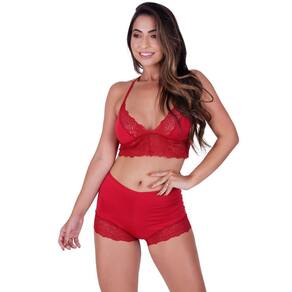 Conjunto conforto sem bojo e sem arco com caleçon em renda de poliamida e tecido vermelho rubi