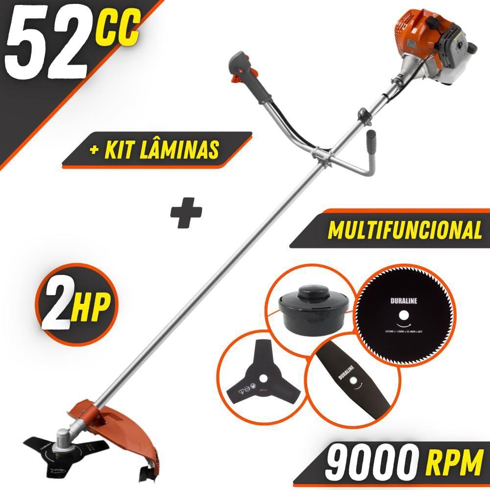 Roçadeira 52cc Á Gasolina Tekna RL520 Robusta e Multifuncional Com Cabeçote Nylon, Lâminas 3 Pontas + Lâmina 2 Pontas + Lâmina Circular de 80 Dentes