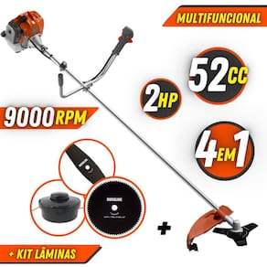 Roçadeira Profissional Á Gasolina Tekna RL520ACN TK 52cc 9000RPM 4 em 1 Com Faca 3 Pontas, Faca 2 Pontas, Faca 80 Dentes e Carretel Fio Nylon