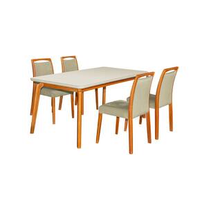 Mesa Jantar Luxo Jade 160x90cm Off White com 4 Cadeiras Estofadas Veludo Bege Base Madeira Maciça Me