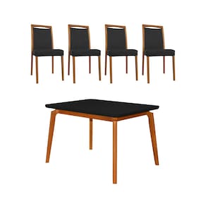 Mesa Jantar Luxo Jade 120x90cm Preto com 4 Cadeiras Estofadas em Couro Pu Preta Base Madeira Maciça