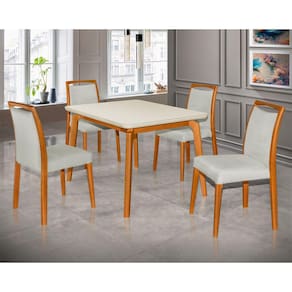 Mesa Jantar Luxo Jade 120x90cm Off White com 4 Cadeiras Estofadas Linho Cinza Base Madeira Maciça Me