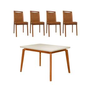 Mesa Jantar Luxo Jade 120x90cm Off White com 4 Cadeiras Estofadas em Couro Pu Caramelo Madeira Maciç