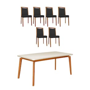 Mesa Jantar Luxo Jade 160x90cm Off White com 6 Cadeiras Estofadas Couro Pu Preta Base Madeira Maciça