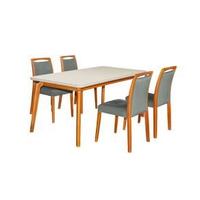 Mesa Jantar Luxo Jade 160x90cm Off White com 4 Cadeiras Estofadas Veludo Cinza Base Madeira Maciça M