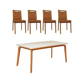 Mesa Jantar Luxo Jade 160x90cm Off White com 4 Cadeiras Estofadas em Couro Pu Caramelo Madeira Maciç