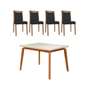 Mesa Jantar Luxo Jade 120x90cm Off White com 4 Cadeiras Estofadas Couro Pu Preta Base Madeira Maciça