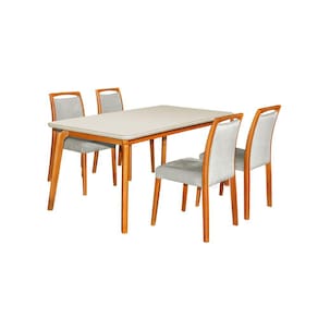 Mesa Jantar Luxo Jade 160x90cm Off White com 4 Cadeiras Estofadas Linho Cinza Base Madeira Maciça Me
