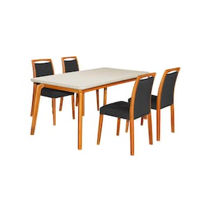 Mesa Jantar Luxo Jade 160x90cm Off White com 4 Cadeiras Estofadas Veludo Preto Base Madeira Maciça M