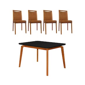Mesa Jantar Luxo Jade 120x90cm Preto com 4 Cadeiras Estofadas Couro Pu Caramelo Base Madeira Maciça