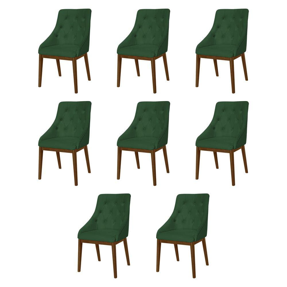 Kit 8 Cadeiras de Jantar Luxo Estofada Elisa Anatômica Capitonê Veludo Verde Base Madeira Maciça Imb