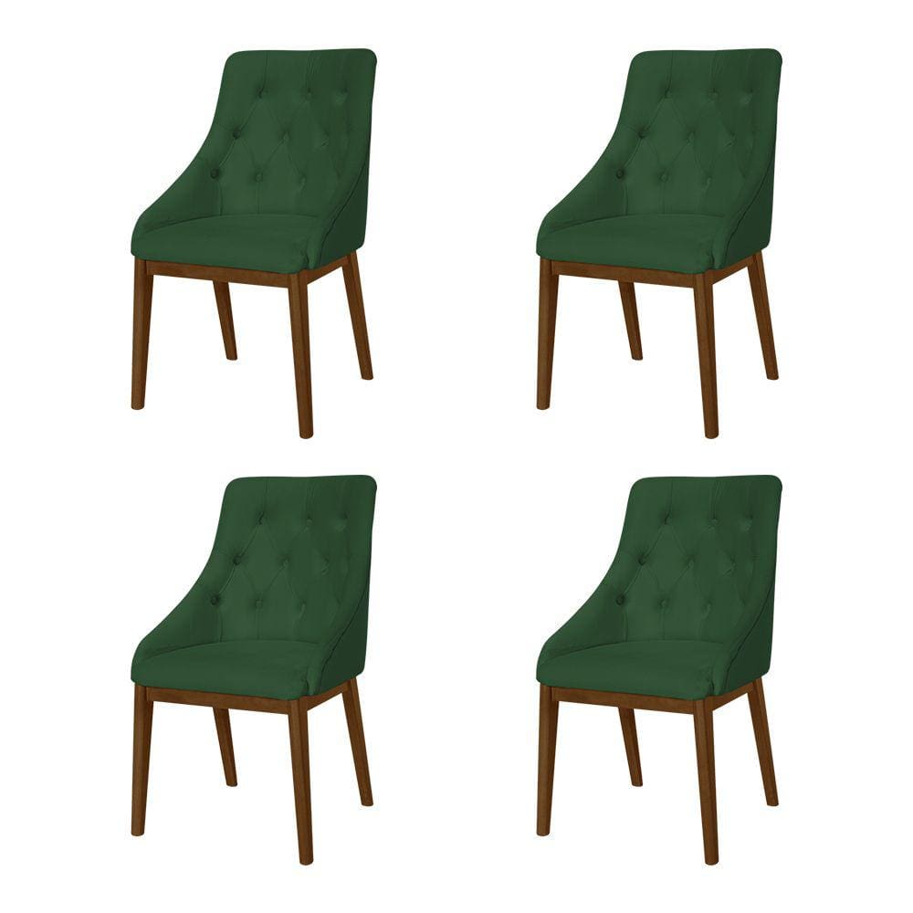 Kit 4 Cadeiras de Jantar Luxo Estofada Elisa Anatômica Capitonê Veludo Verde Base Madeira Maciça Imb