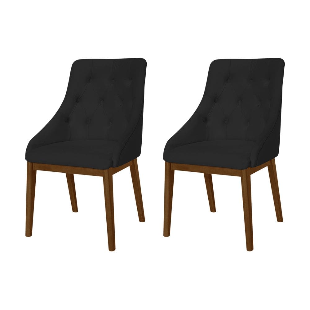 Kit 2 Cadeiras de Jantar Luxo Estofada Elisa Anatômica Capitonê Veludo Preto Base Madeira Maciça Imb