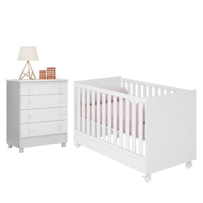 Jogo de Quarto Infantil Doce Sonho Cômoda 4 Gavetas e Berço Mini Cama com Rodízio - Qmovi