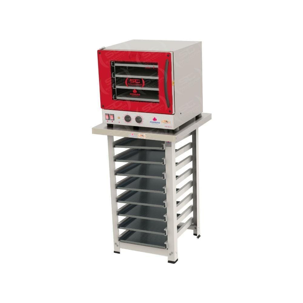 Kit - Forno Turbo Elétrico Fast Oven Prp-004 127v Vermelho + Bancada Mes-004 + 8 Assadeiras 127v