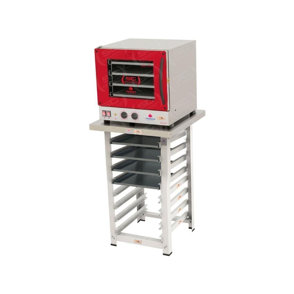 Kit - Forno Turbo Elétrico Fast Oven Prp-004 220v Vermelho + Bancada Mes-004 + 4 Assadeiras 220v