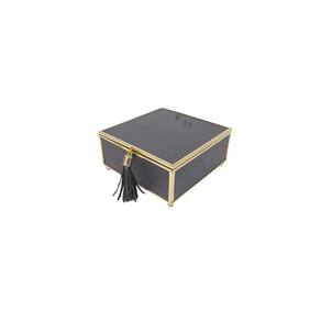 Caixa Decorativa Quadrada de Vidro e Couro Sintético Preto e Dourado 15cm