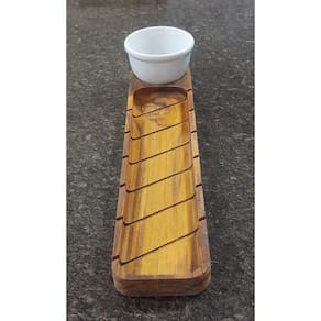 Kit tábua p/cortar baguete + tigela p/molhos-patês-caldas - Porcelana e Madeira Teca