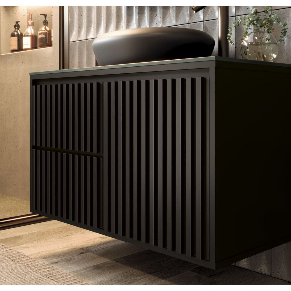 Gabinete Para Banheiro Ripado 80 Black C/ Cuba Preta
